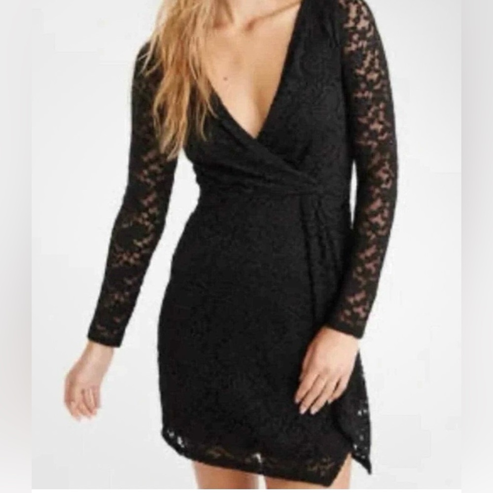 Abercrombie & Fitch Lace Mini Dress XS Black Sexy Twist-Front Long Sleeve Fairy